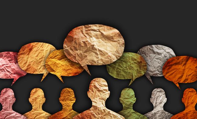 Graphic showing cutout people with chat bubbles above their heads