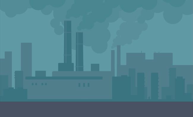 Cartoon graphic showing pollution spewing from factories.
